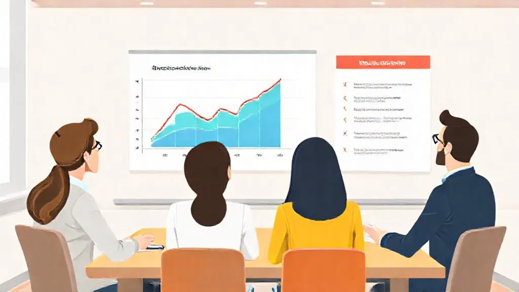 Educators in a meeting discussing enrollment predictions on a projected chart