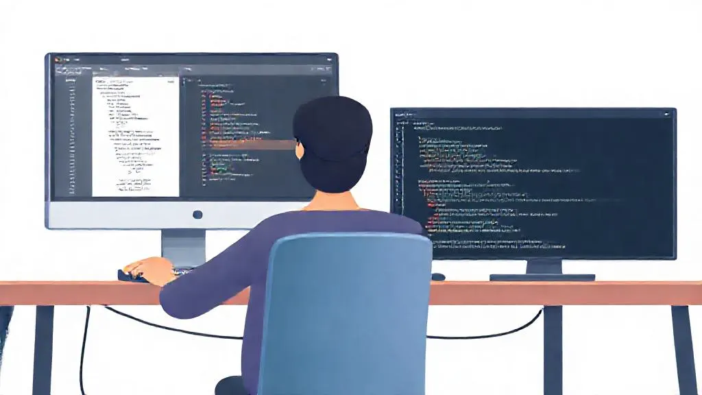 Software developer reviewing AI-generated code in an IDE with tests running on a second screen