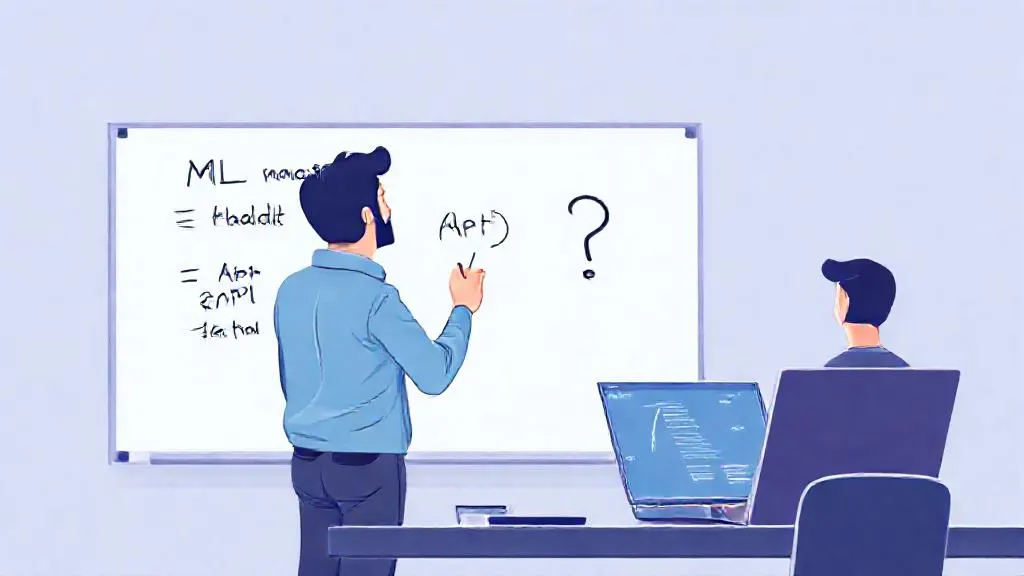 Founder weighing a build-vs-buy decision for a machine learning feature on a whiteboard.