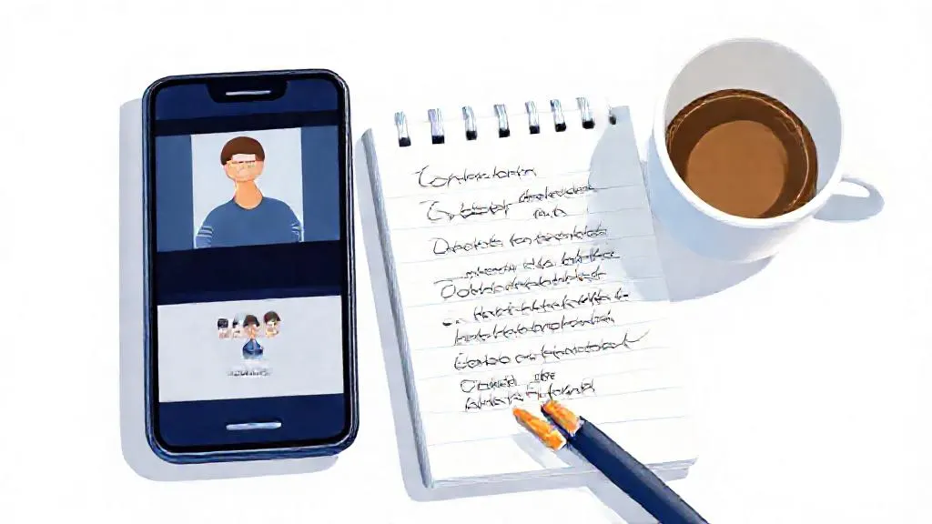 Notebook with interview questions for a machine learning engineer role, phone on a video call.