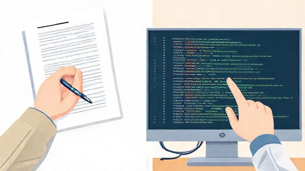 A lecturer connecting traditional essay feedback with a code script on a computer screen.